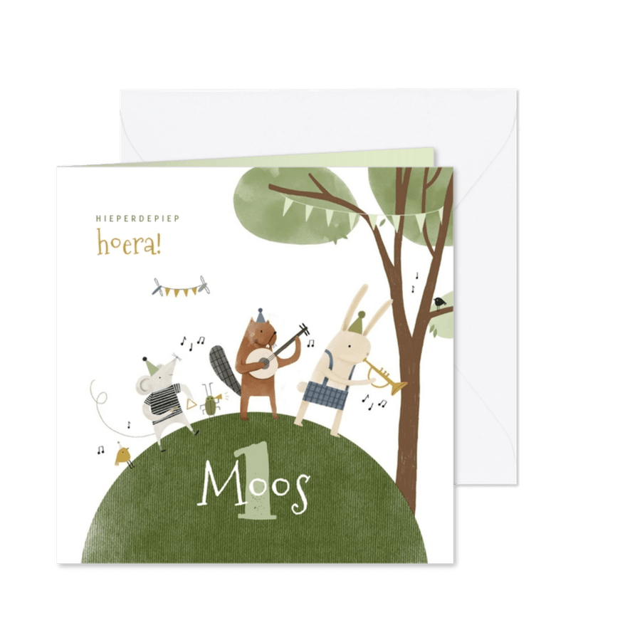 Vrolijke kinderfeestje uitnodiging 1 jaar dieren en muziek - Kaartimpressie