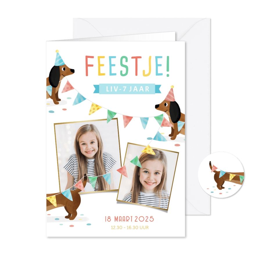 Vrolijke kinderfeestje uitnodiging met teckels en slingers - Kaartimpressie