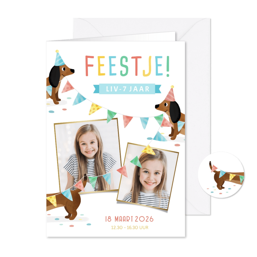 Vrolijke kinderfeestje uitnodiging met teckels en slingers - Kaartimpressie