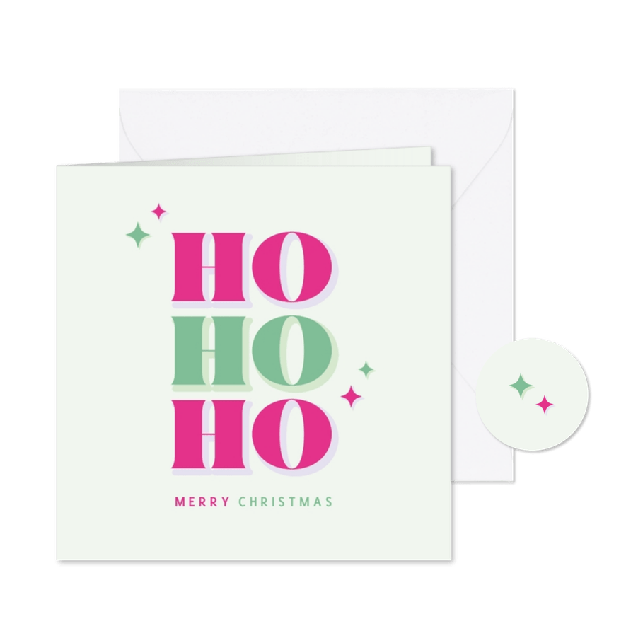 Vrolijke kleurrijke kerstkaart hohoho in roze en groen - Kaartimpressie