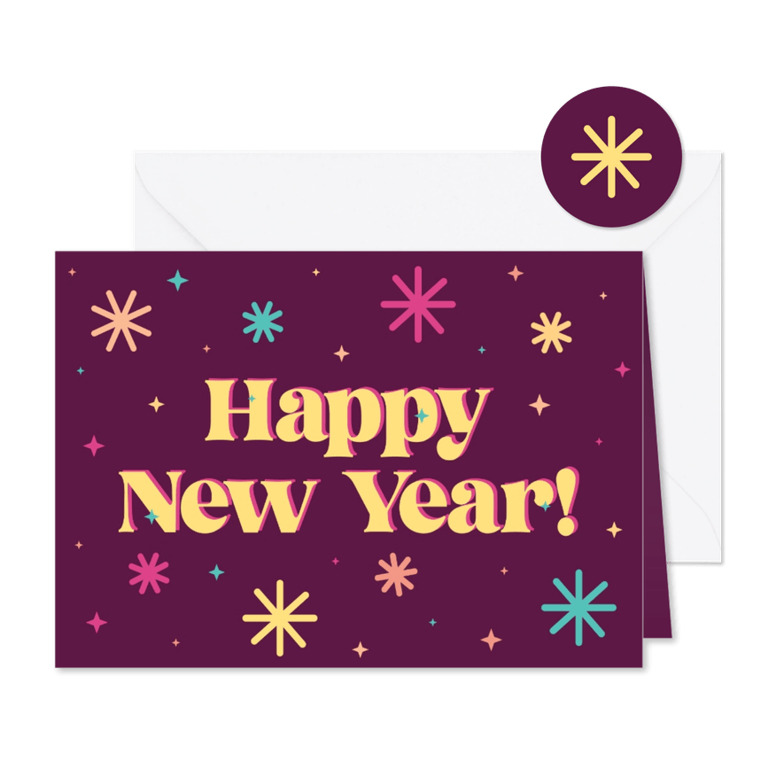Vrolijke kleurrijke nieuwjaarskaart met sterren paars geel - Kaartimpressie