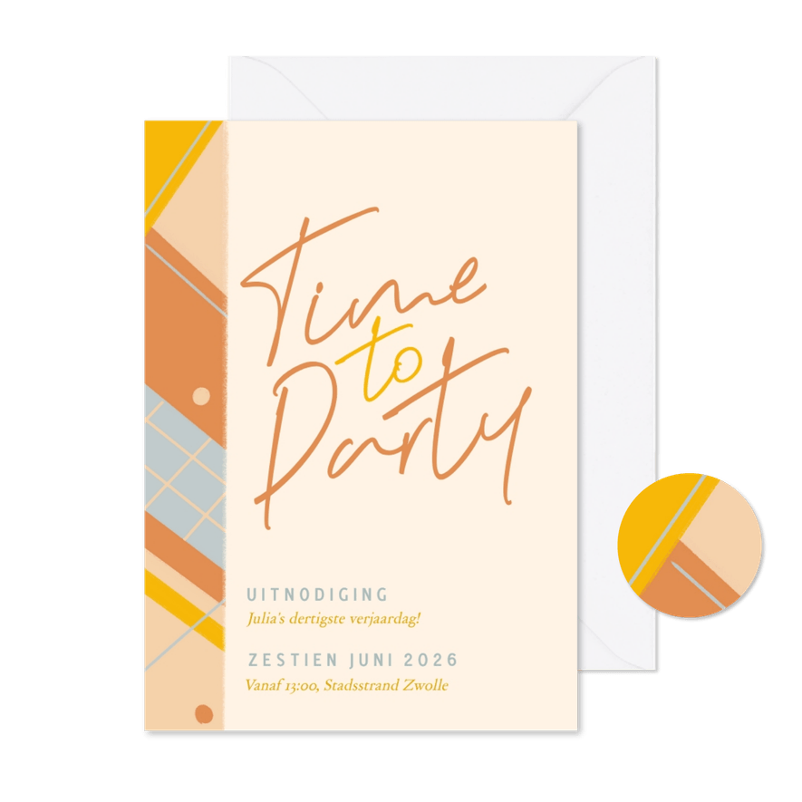 Vrolijke kleurrijke uitnodiging time to party - Kaartimpressie