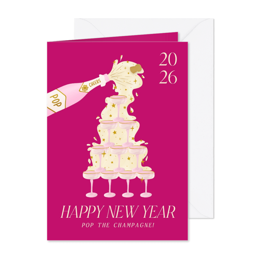 Vrolijke knalroze nieuwjaarskaart met champagnetoren - Kaartimpressie