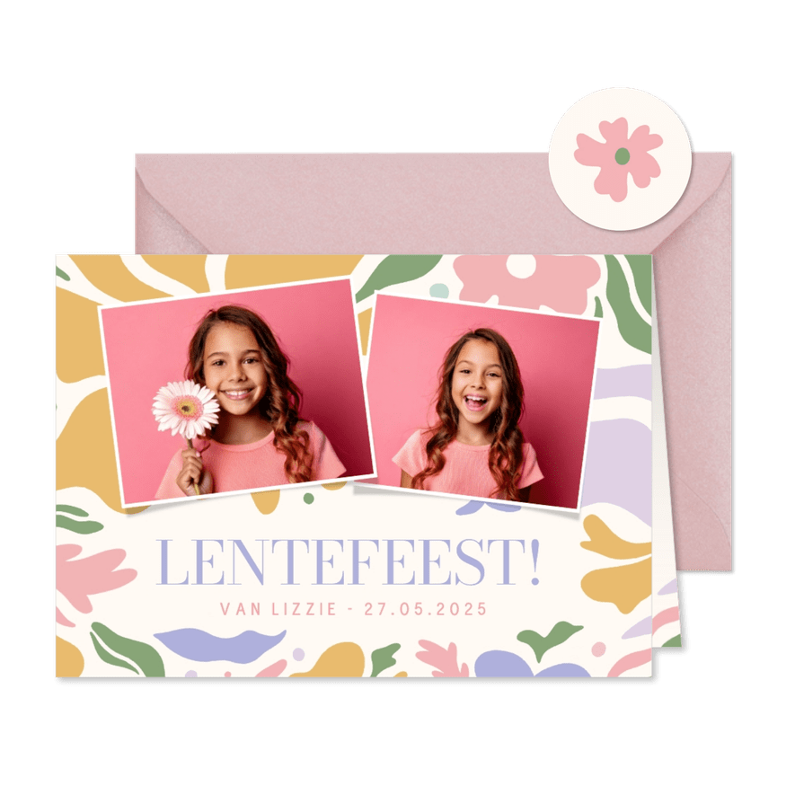 Vrolijke lentefeest uitnodiging met pastel bloemen - Kaartimpressie