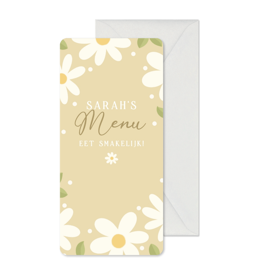 Vrolijke menukaart eerste communie witte bloemetjes - Kaartimpressie