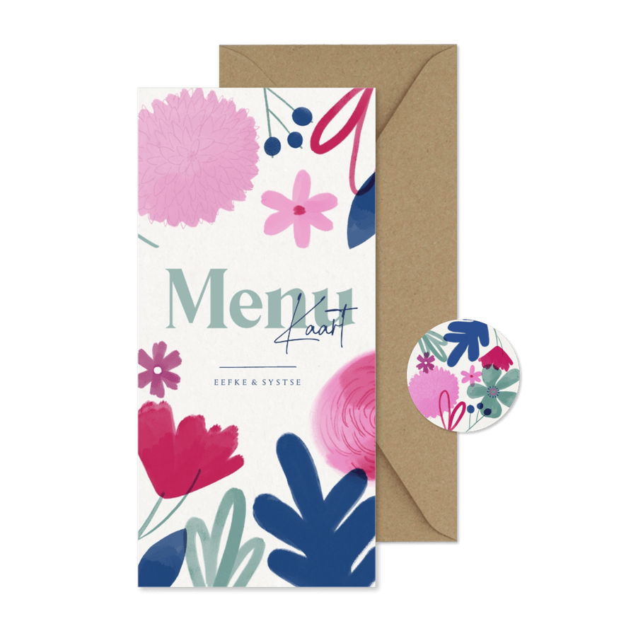 Vrolijke menukaart zomerse bloemen trouwen - Kaartimpressie