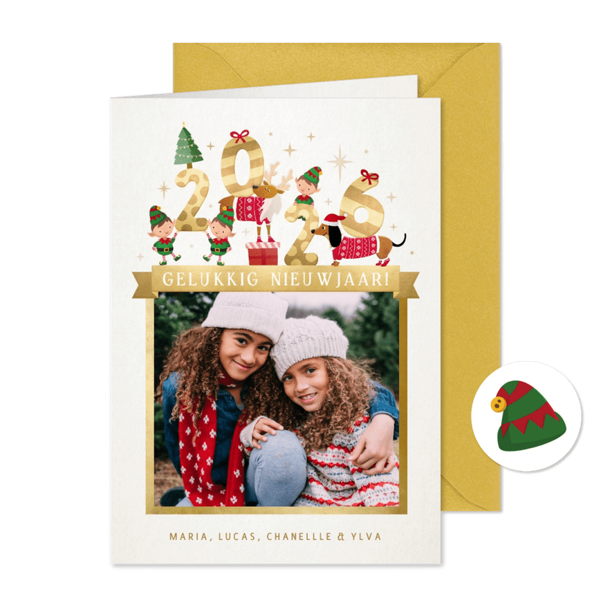 Vrolijke moderne 2026 nieuwjaarskaart met lieve diertjes - Kaartimpressie