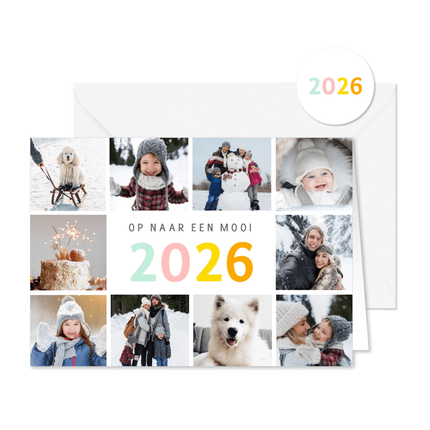 Vrolijke nieuwjaars fotocollage kaart met gekleurd 2026 - Kaartimpressie
