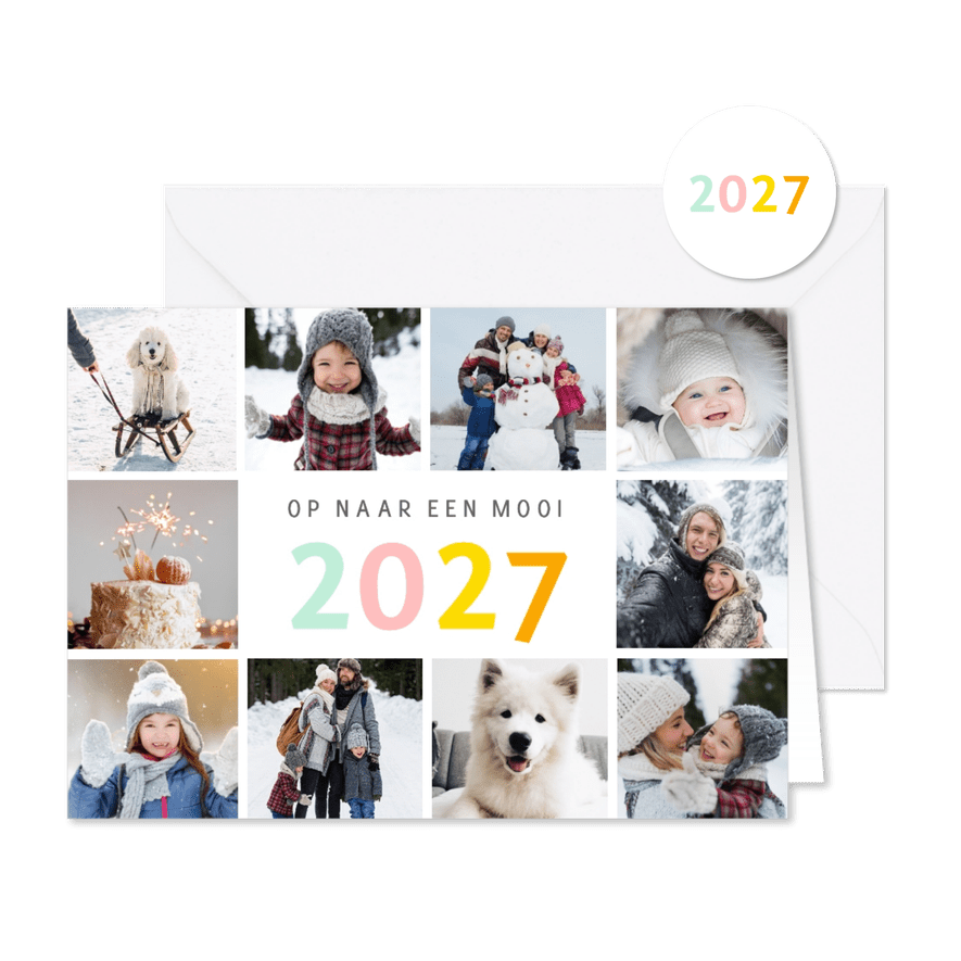 Vrolijke nieuwjaars fotocollage kaart met gekleurd 2027 - Kaartimpressie