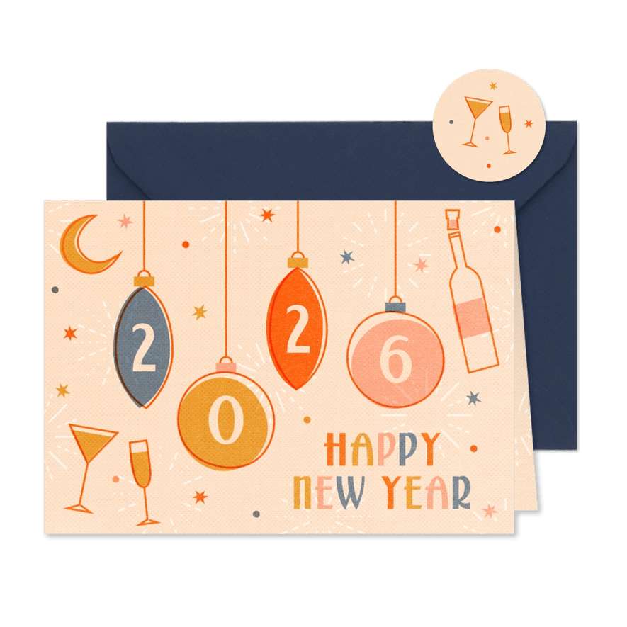 Vrolijke nieuwjaarskaart 2026 met champagne en sterren - Kaartimpressie