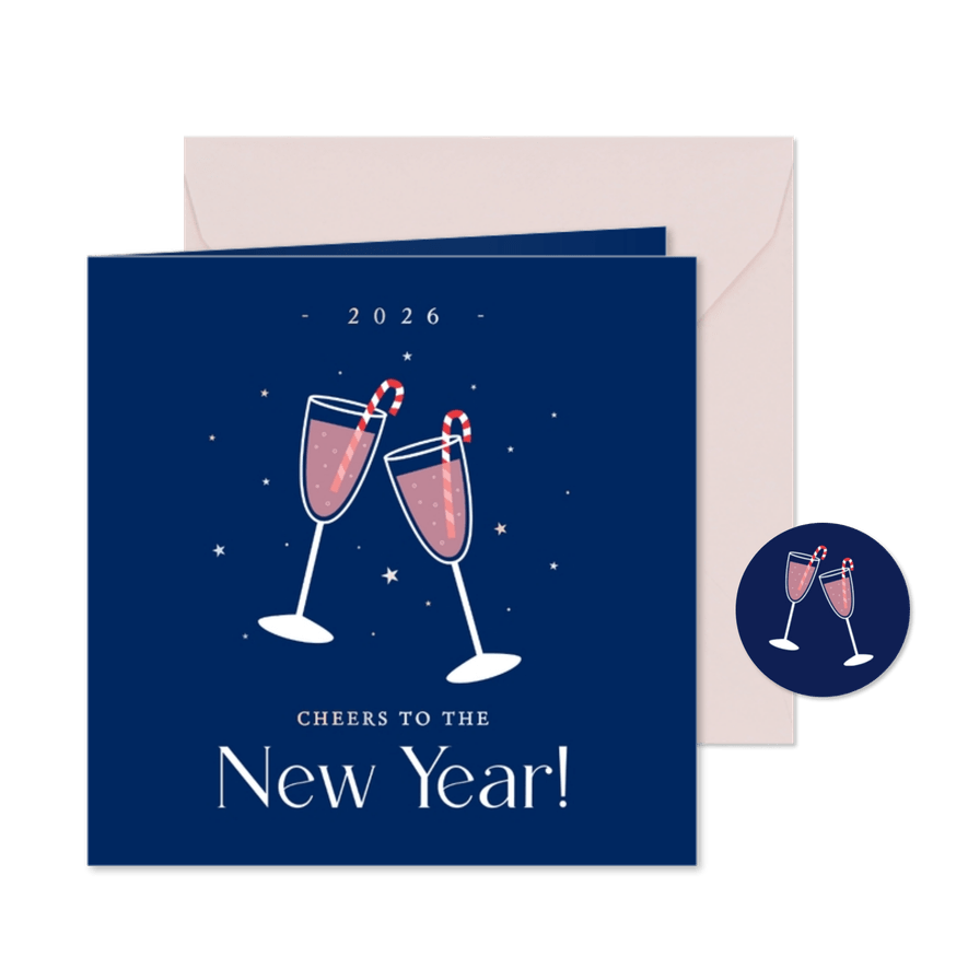 Vrolijke nieuwjaarskaart champagne met sterretjes - Kaartimpressie