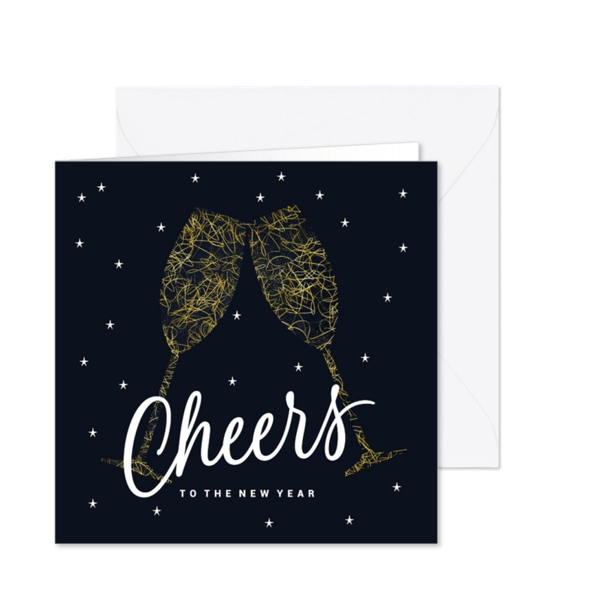 Vrolijke nieuwjaarskaart cheers donker blauw - Kaartimpressie