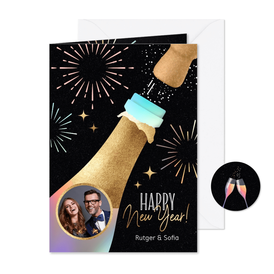 Vrolijke nieuwjaarskaart foto en champagne - Kaartimpressie