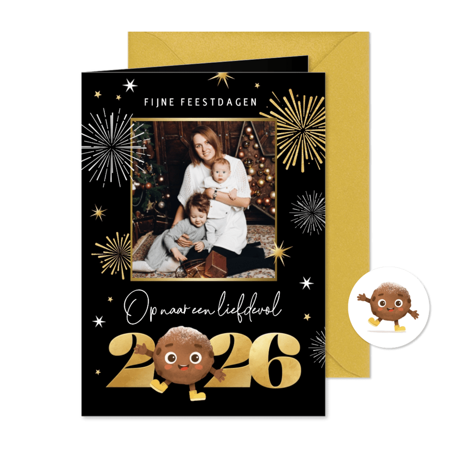 Vrolijke nieuwjaarskaart foto oliebol 2026 vuurwerk - Kaartimpressie