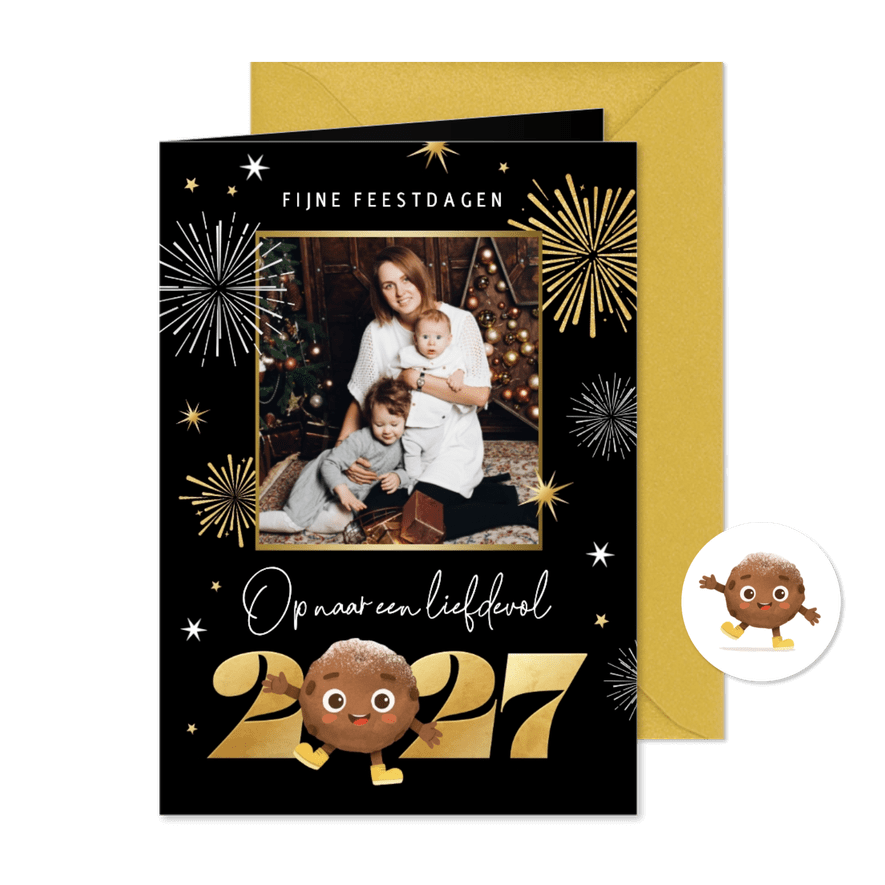 Vrolijke nieuwjaarskaart foto oliebol 2027 vuurwerk - Kaartimpressie