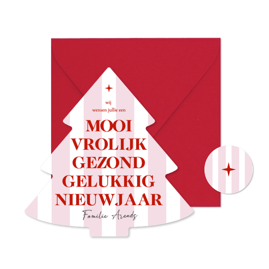 Vrolijke nieuwjaarskaart kerstboompje roze wit gestreept - Kaartimpressie