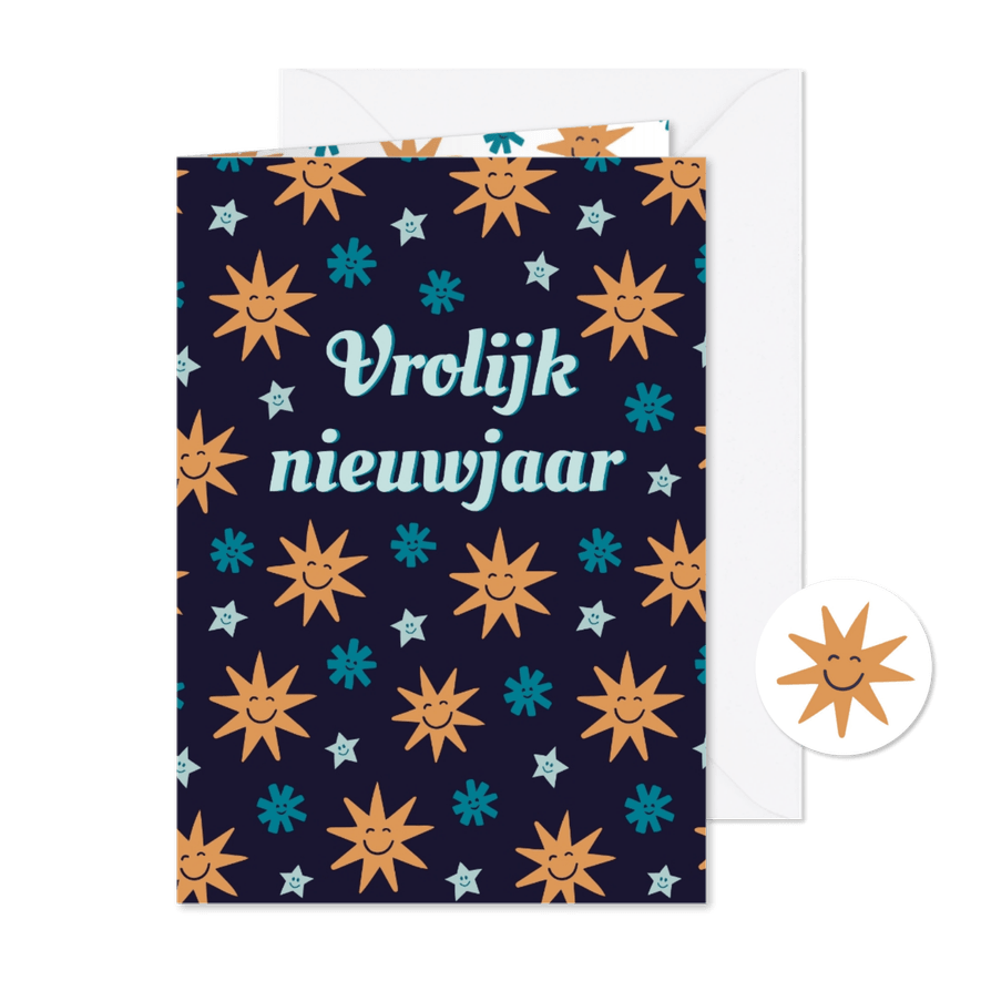 Vrolijke nieuwjaarskaart lachende sterren - Kaartimpressie