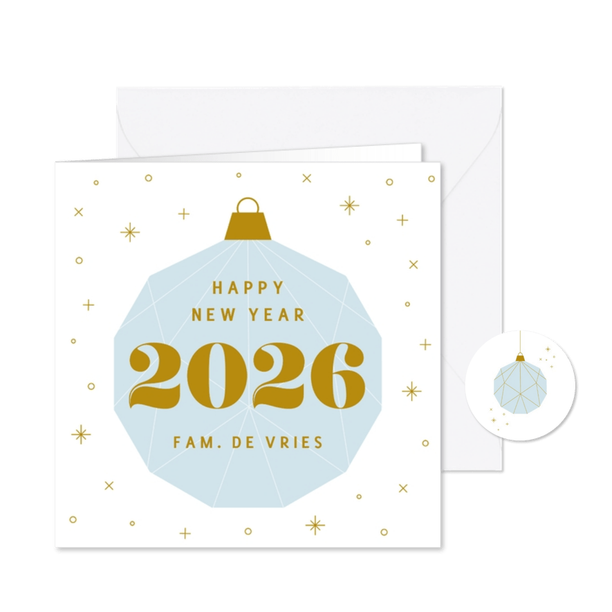 Vrolijke nieuwjaarskaart met blauwe kerstbal en jaartal - Kaartimpressie
