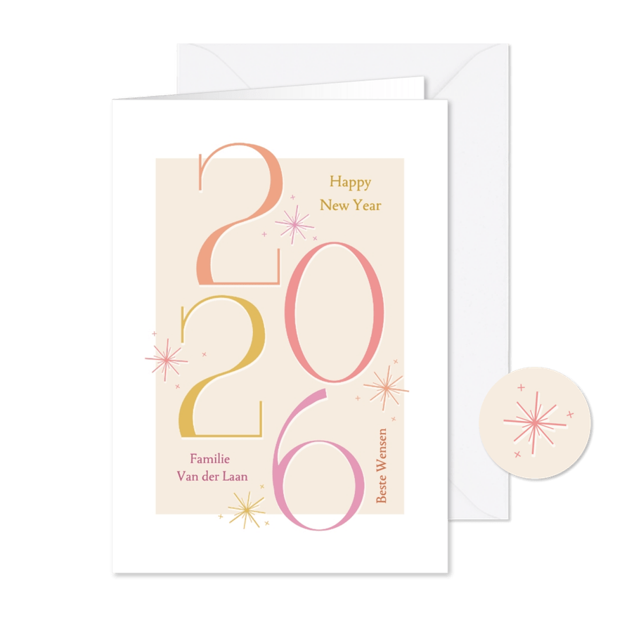 Vrolijke nieuwjaarskaart met gekleurde cijfers en sterren - Kaartimpressie