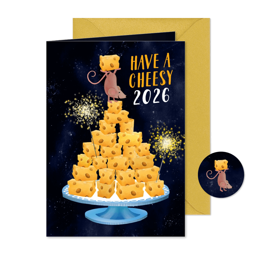 Vrolijke nieuwjaarskaart met kaasblokjes en een muis - Kaartimpressie