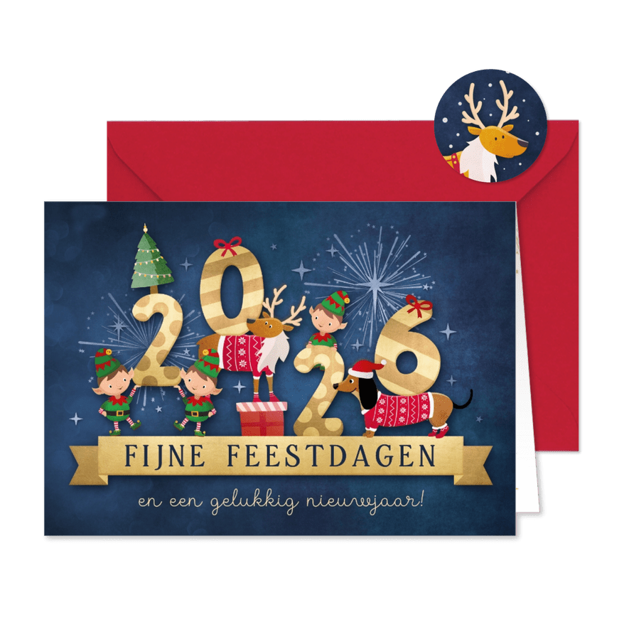 Vrolijke nieuwjaarskaart met lieve diertjes en 2026 - Kaartimpressie