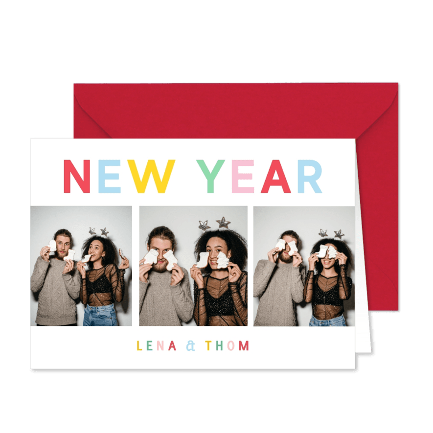 Vrolijke nieuwjaarskaart met regenboog typografie en fotos - Kaartimpressie