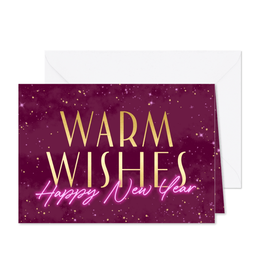 Vrolijke nieuwjaarskaart met sterretjes goud en roze neon - Kaartimpressie