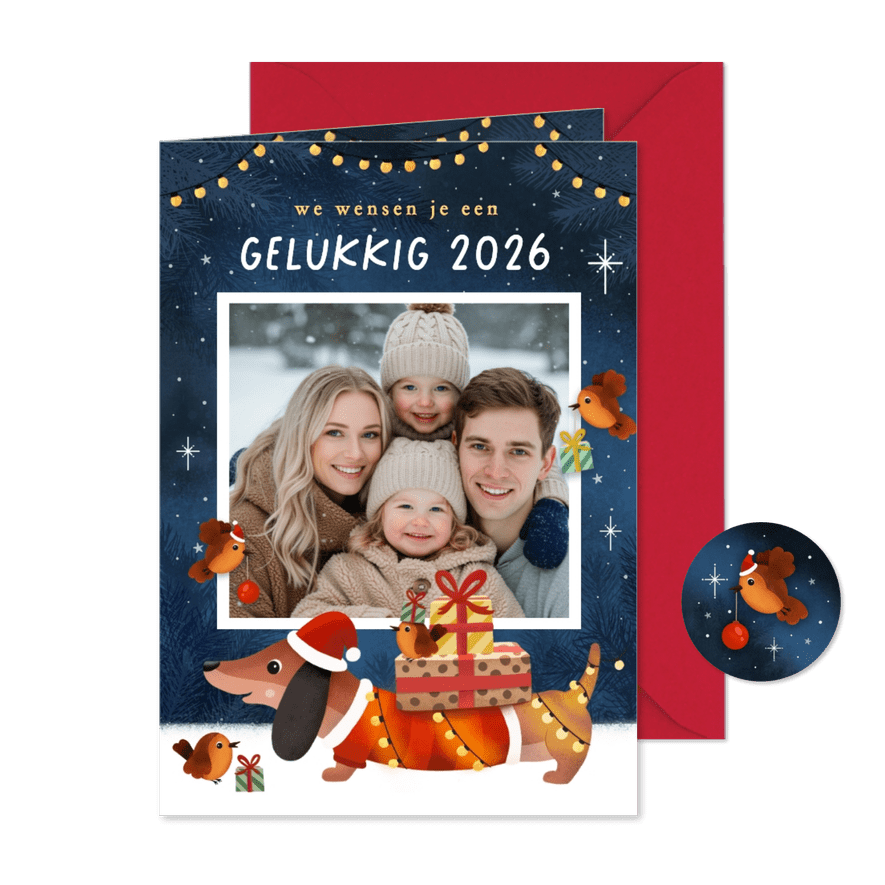 Vrolijke nieuwjaarskaart met teckel en roodborstjes en foto - Kaartimpressie
