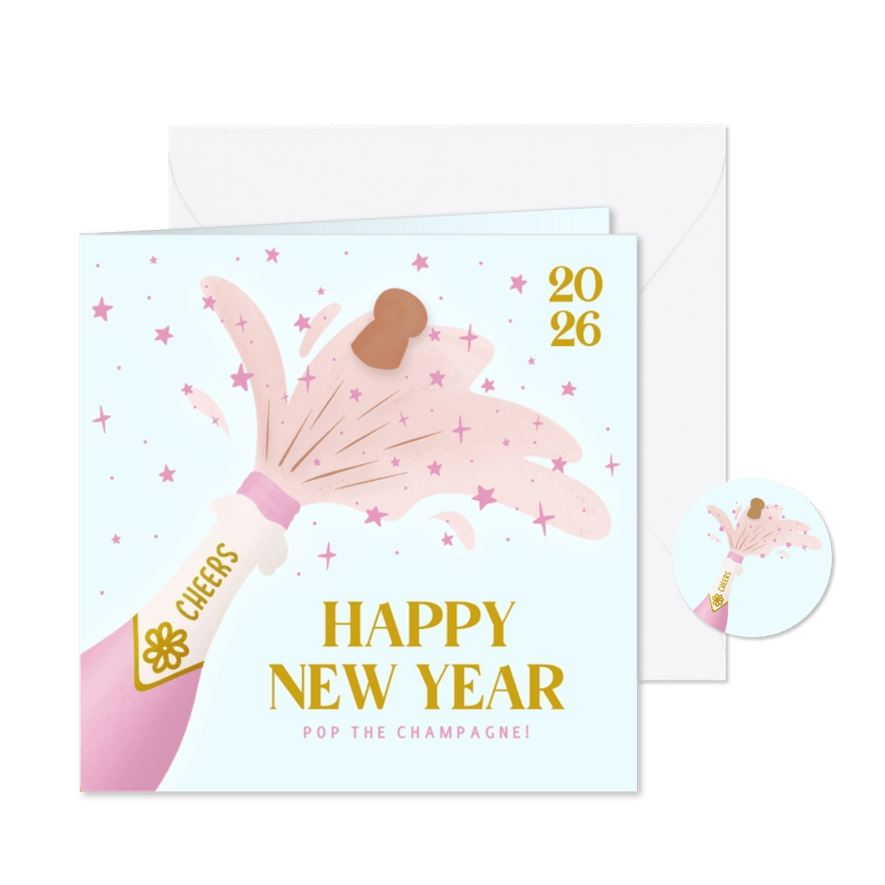 Vrolijke nieuwjaarskaart roze met champagnefles - Kaartimpressie