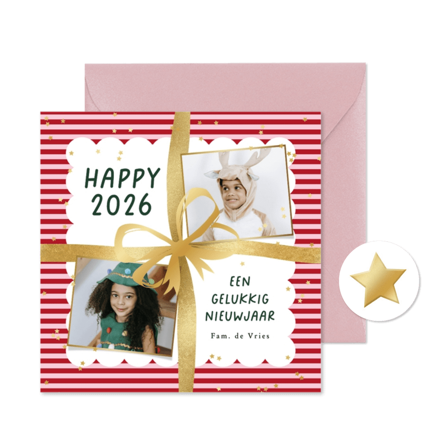 Vrolijke nieuwjaarskaart streeppatroon strik sterren goud - Kaartimpressie