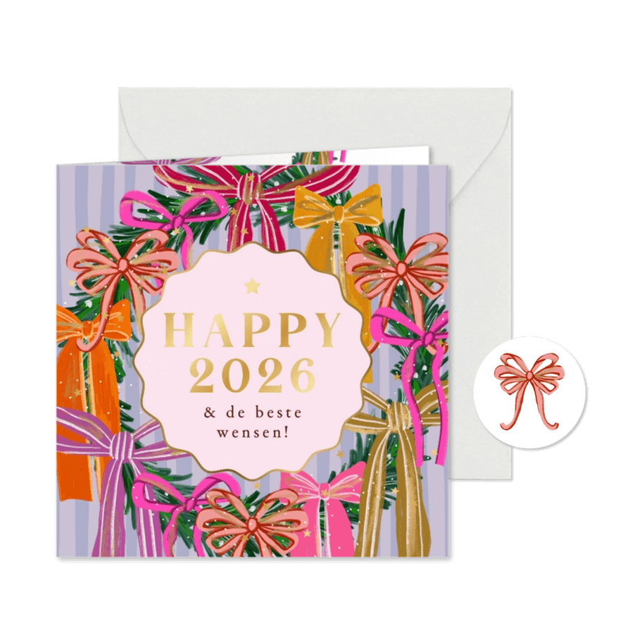 Vrolijke nieuwjaarskaart strikken sterren goud streep - Kaartimpressie