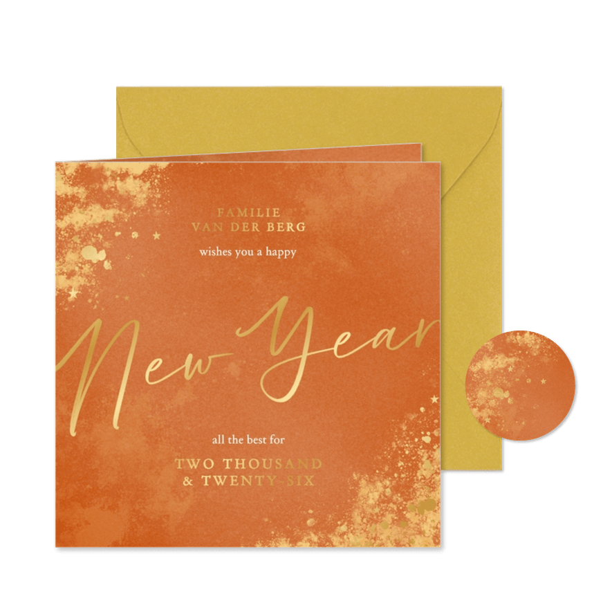 Vrolijke oranje nieuwjaarskaart met gouden glitters - Kaartimpressie