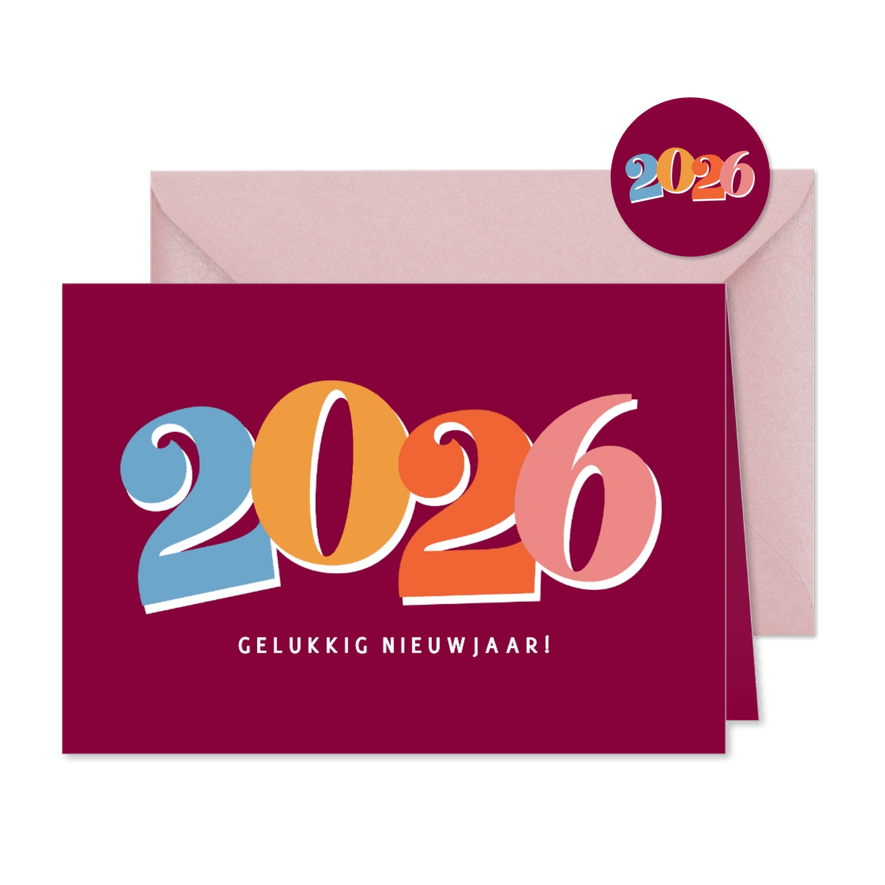 Vrolijke paarse nieuwjaarskaart met gekleurd jaartal - Kaartimpressie