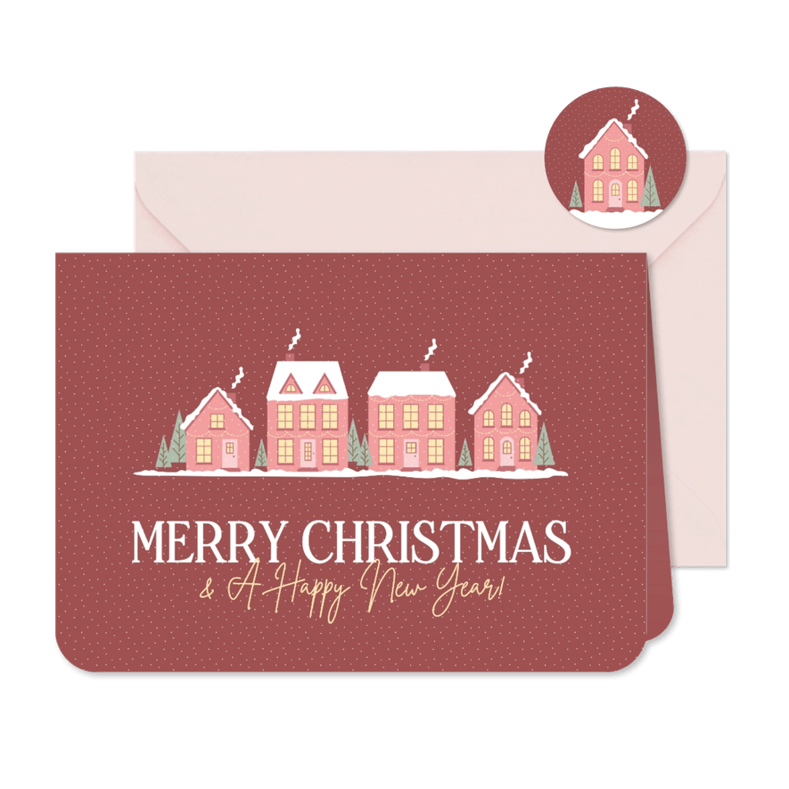 Vrolijke rode kerstkaart met kersthuisjes en sneeuw - Kaartimpressie