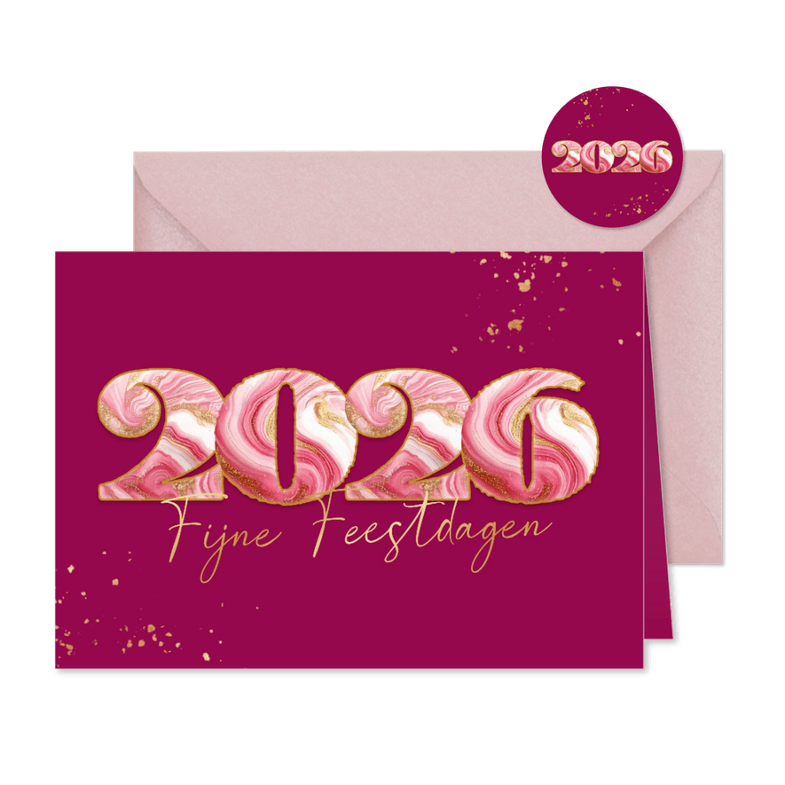 Vrolijke roze kerstkaart met gemarmerd jaartal - Kaartimpressie