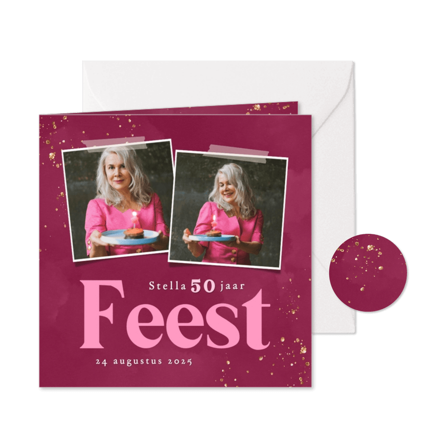 Vrolijke roze uitnodiging met glitters met foto feest - Kaartimpressie