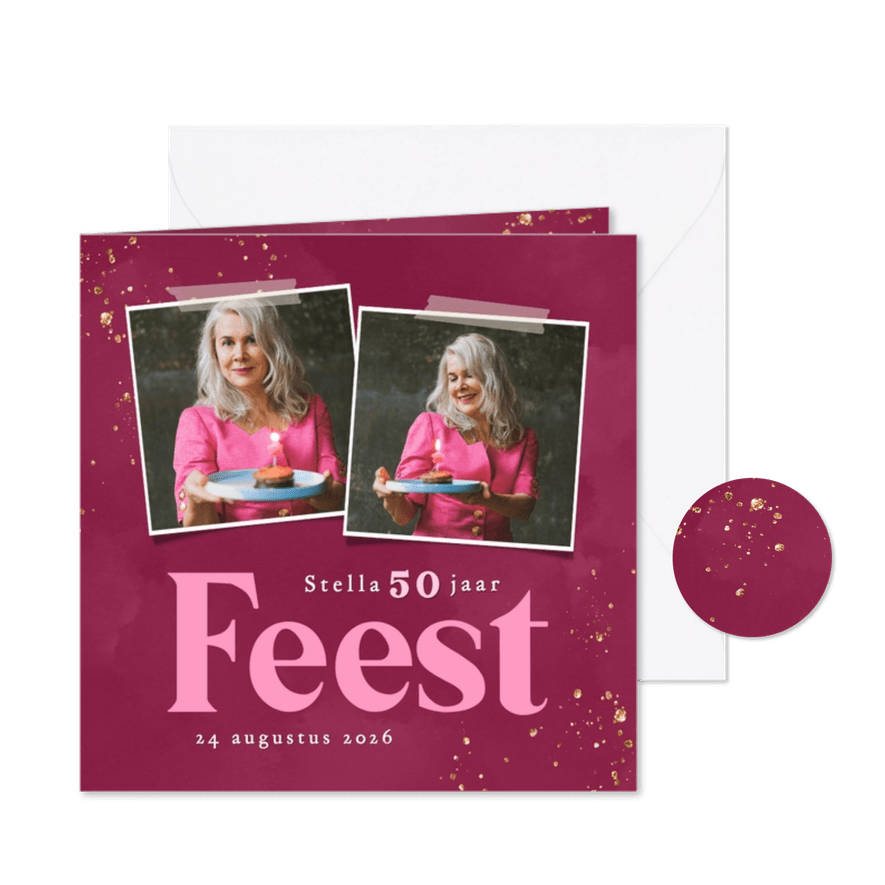 Vrolijke roze uitnodiging met glitters met foto feest - Kaartimpressie