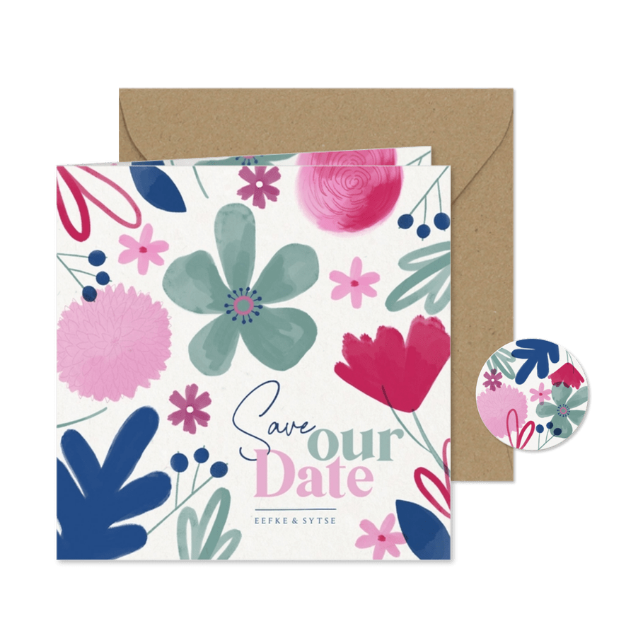 Vrolijke Save Our Date kaart zomerse bloemen - Kaartimpressie