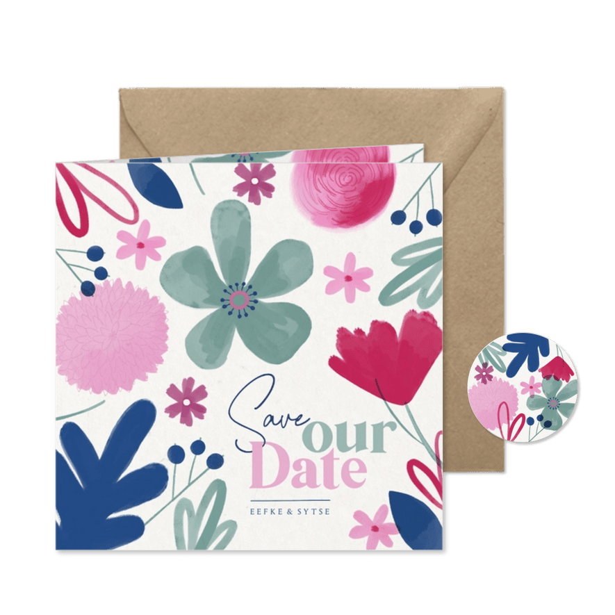 Vrolijke Save Our Date kaart zomerse bloemen - Kaartimpressie