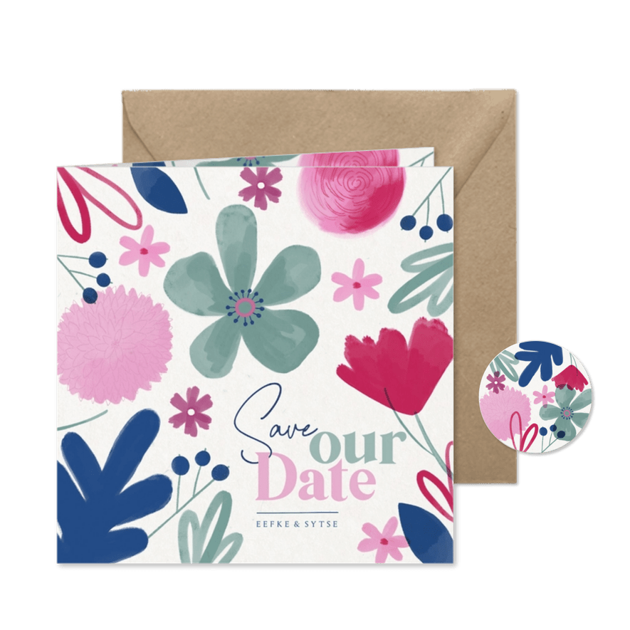 Vrolijke Save Our Date kaart zomerse bloemen  - Kaartimpressie