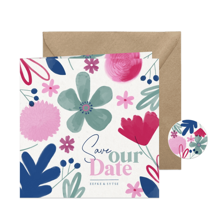 Vrolijke Save Our Date kaart zomerse bloemen  - Kaartimpressie