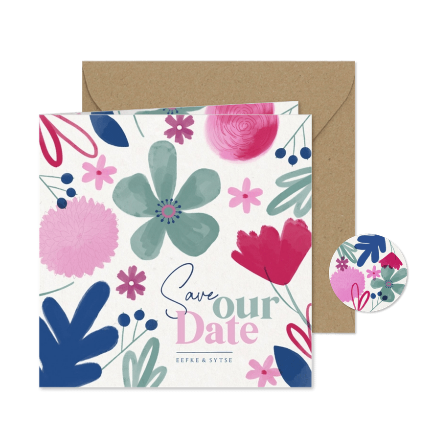 Vrolijke Save Our Date kaart zomerse bloemen - Kaartimpressie