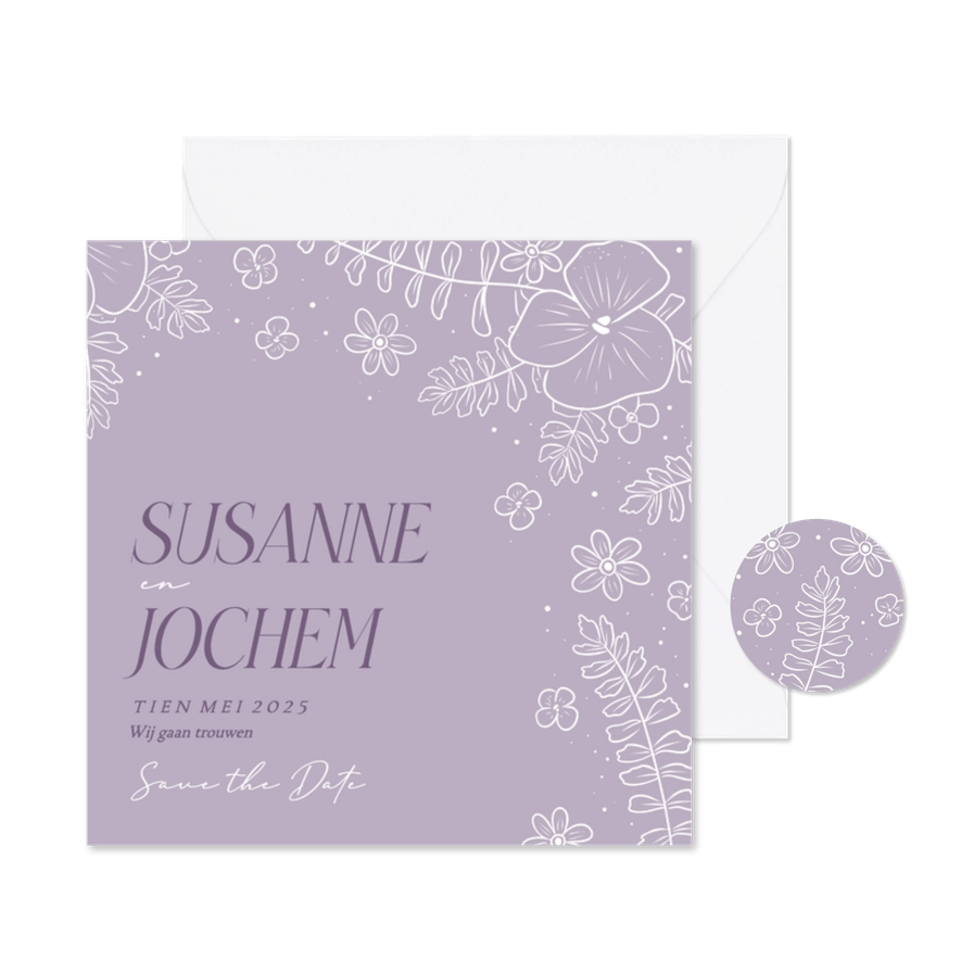 Vrolijke save the date kaart met bloemenkader in lila - Kaartimpressie
