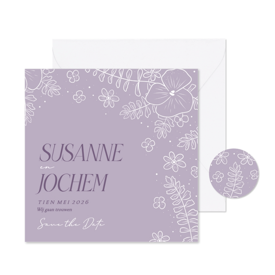 Vrolijke save the date kaart met bloemenkader in lila - Kaartimpressie