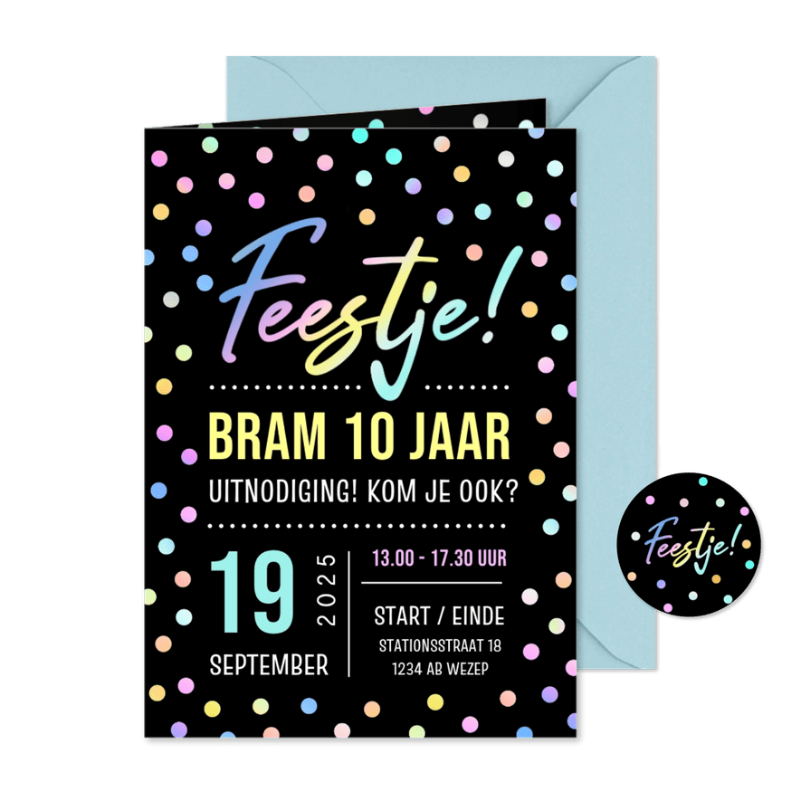 Vrolijke stoere uitnodiging kinderfeestje met neon kleurtjes - Kaartimpressie