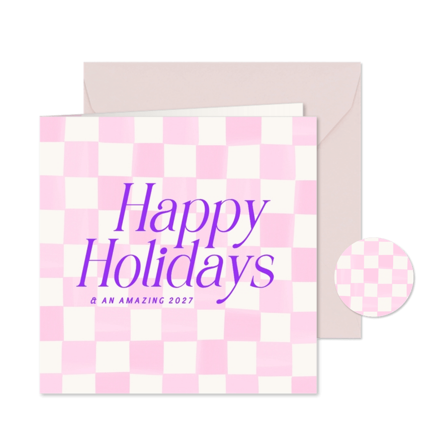 Vrolijke trendy kerstkaart happy holidays roze blokjes - Kaartimpressie