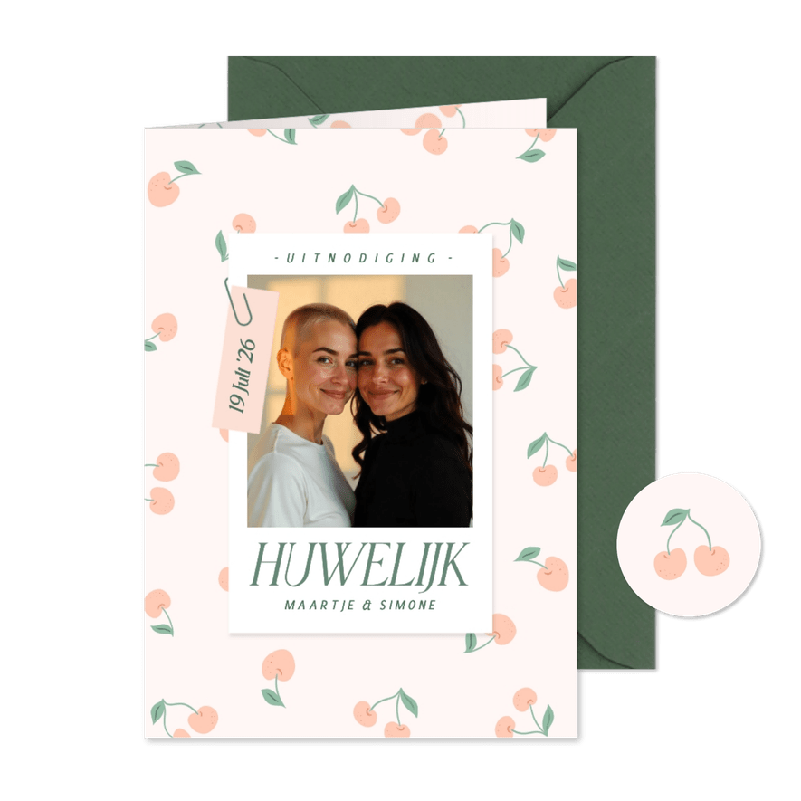 Vrolijke trouwkaart met kersjes patroon foto fruit - Kaartimpressie