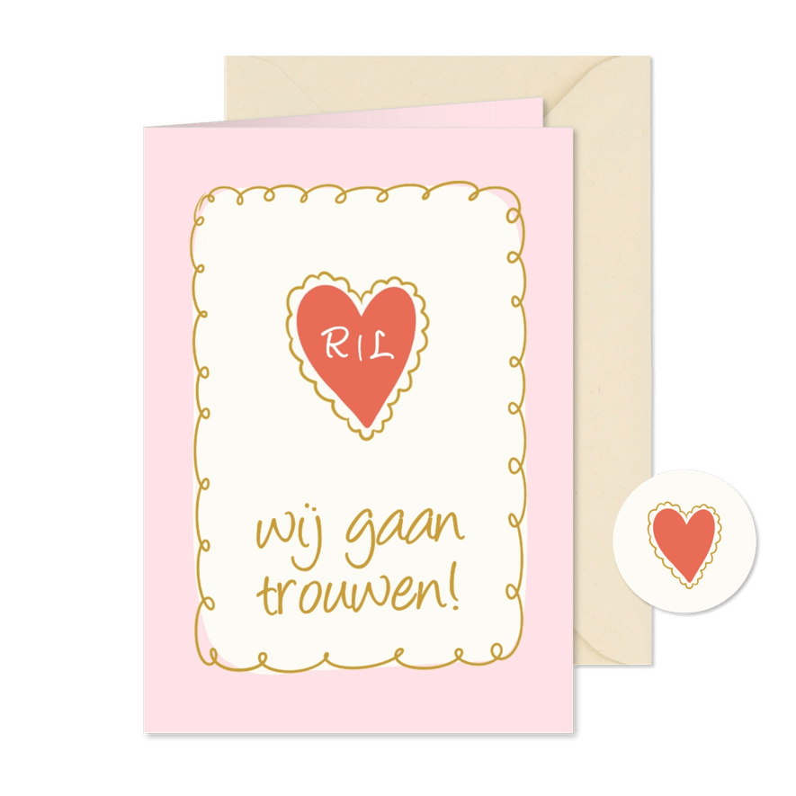 Vrolijke trouwkaart met roze kader hartje en initalen - Kaartimpressie