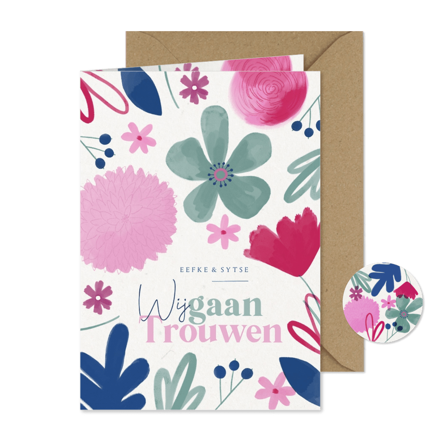 Vrolijke trouwkaart zomerse bloemen Uitnodiging - Kaartimpressie