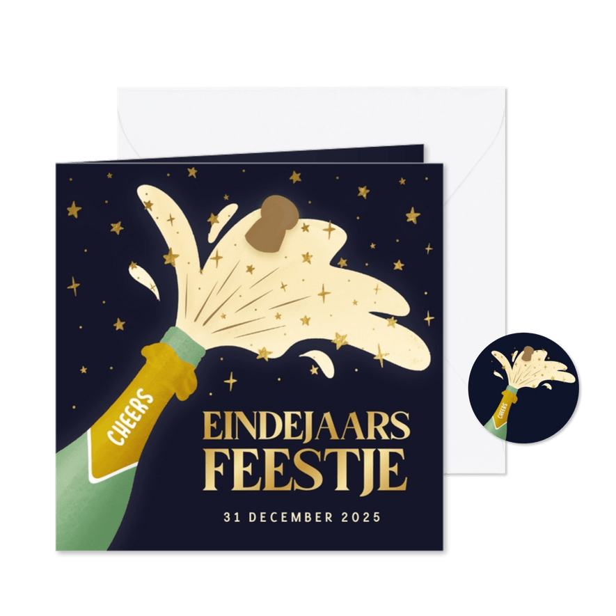 Vrolijke uitnodiging eindejaarsfeest knallende champagnefles - Kaartimpressie